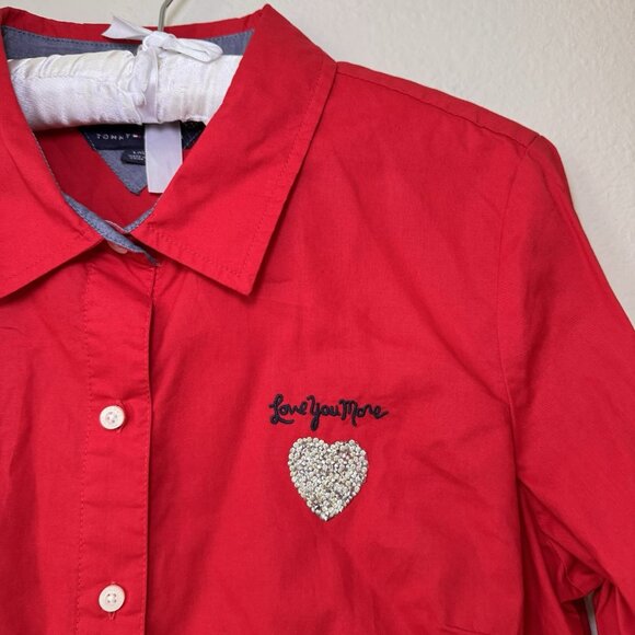 Tommy Hilfiger Women’s Large Button Down Shirt Red Love You More Stitching - Picture 3 of 7